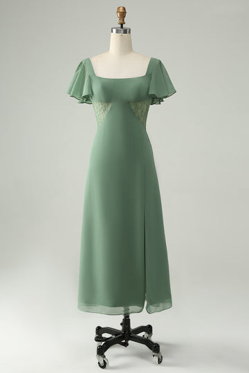 En linje Eucalyptus Square Neck Chiffon brudepike kjole med Slit